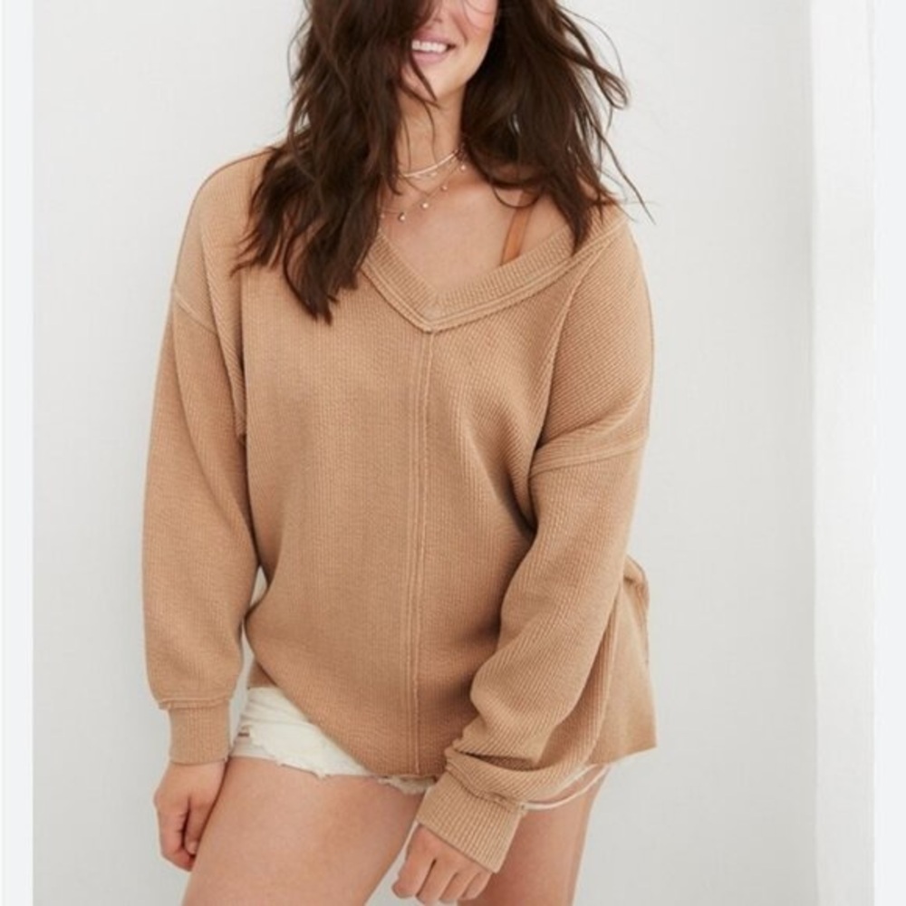 Aerie Oversized Tan Ribbed V Neck Loungewear Comfy Athleisure Fall Sweatshirt M